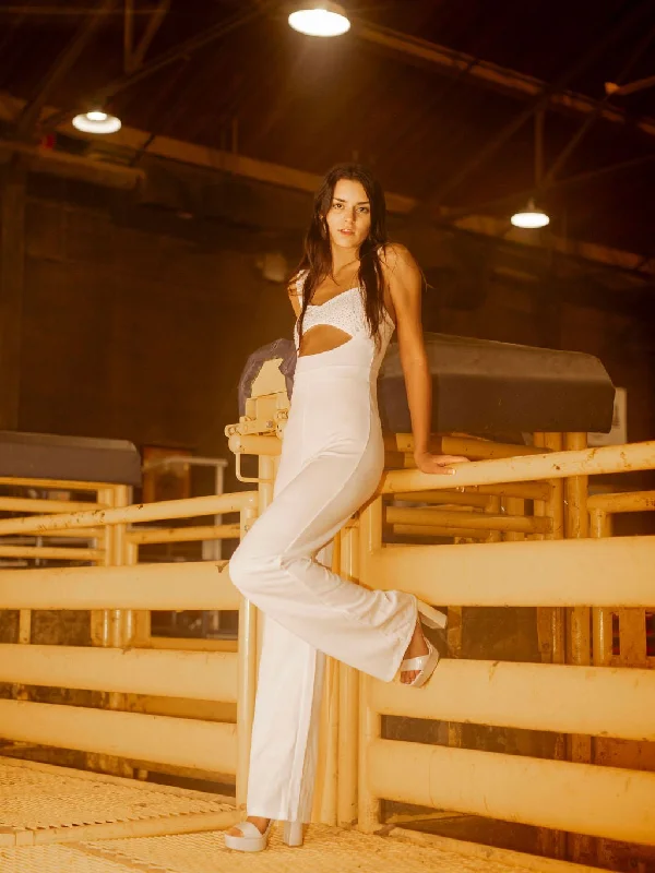 Rhinestone Cut Out Jumpsuit - Ivory Loose jumpsuit, Comfortable, Casual, Trendy