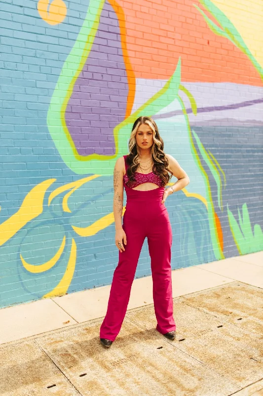 Rhinestone Cut Out Jumpsuit - Magenta High waist jumpsuit, Slim fit, Chic, Comfortable Rhinestone Cut Out Jumpsuit - Magenta High waist jumpsuit, Slim fit, Chic, Comfortable