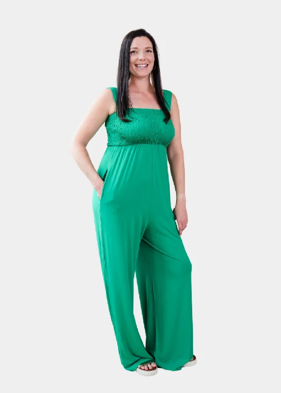 Tall Mallory Smocked Jumpsuit - Green Cozy jumpsuit, Comfortable, Relaxed, Casual