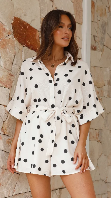 Tami Playsuit - Beige/Black Spot Solid color jumpsuit, Sleek, Minimalist, Trendy