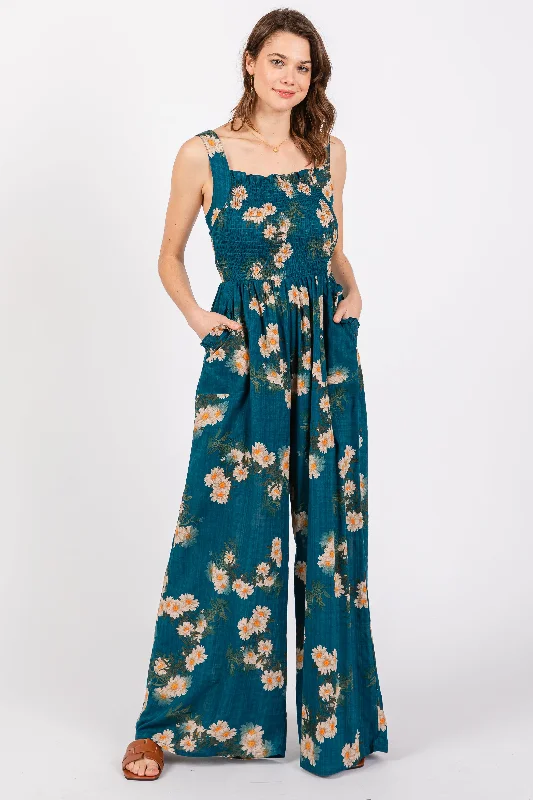 Teal Floral Smocked Jumpsuit Striped jumpsuit, Bold pattern, Summer fashion, Comfortable Teal Floral Smocked Jumpsuit Striped jumpsuit, Bold pattern, Summer fashion, Comfortable