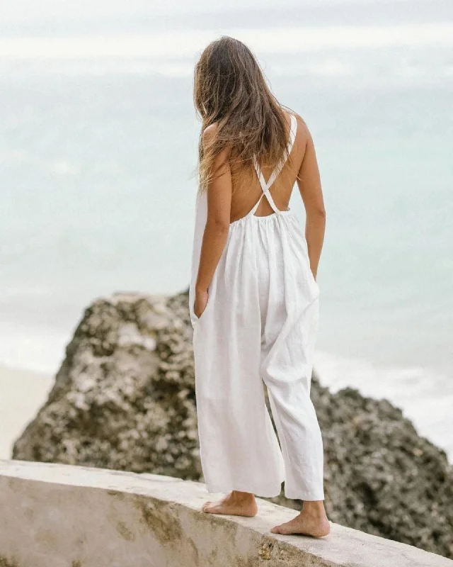"The Lover" Antique White Linen Playsuit Strap jumpsuit, Simple design, Trendy, Casual