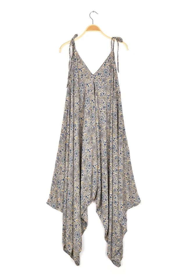 Tie Shoulder Printed Jumpsuit - Blue Ditzy Printed jumpsuit, Bold pattern, Casual, Fashionable Tie Shoulder Printed Jumpsuit - Blue Ditzy Printed jumpsuit, Bold pattern, Casual, Fashionable