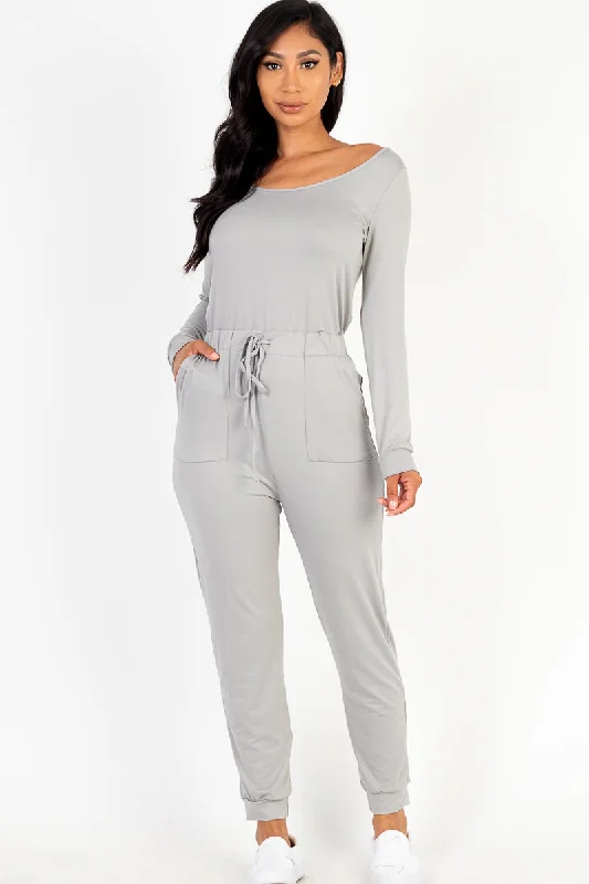 Tie Waist Long Sleeve Jumpsuit Pleated wide-leg jumpsuit, Feminine, Elegant, Comfortable