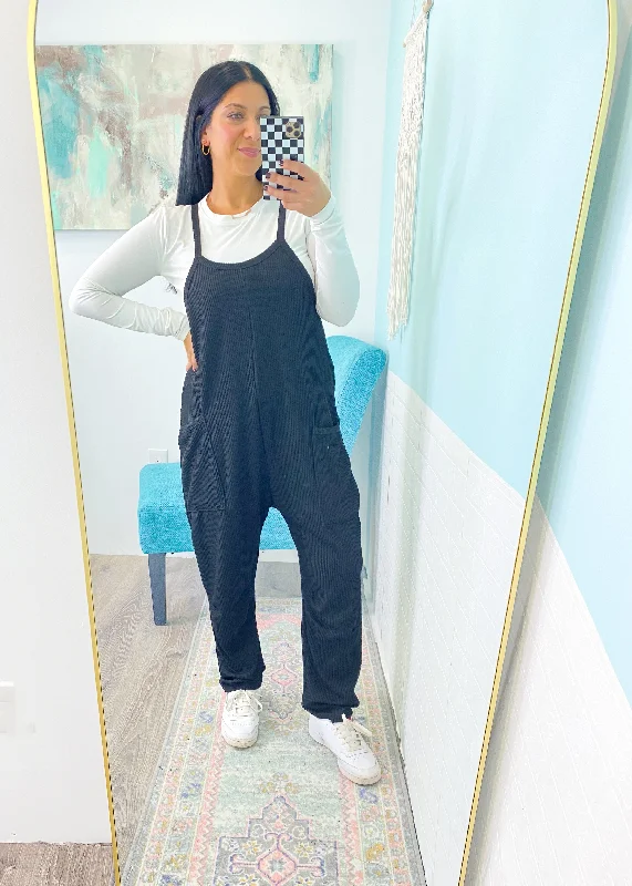 'Weekend Vibes' Black Ribbed Slouchy Knit Jumpsuit Tailored fit jumpsuit, Elegant, Professional, Sleek 'Weekend Vibes' Black Ribbed Slouchy Knit Jumpsuit Tailored fit jumpsuit, Elegant, Professional, Sleek