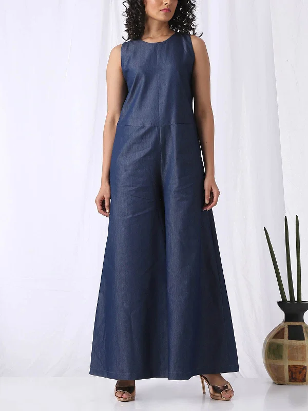 Wide Leg Denim Jumpsuit Blue Lace-up jumpsuit, Sexy, Night out, Trendy