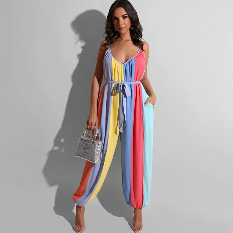 Women Casual Rainbow Print Loose Sling Lace-Up Jumpsuit Pleated back jumpsuit, Elegant, Chic, Feminine Women Casual Rainbow Print Loose Sling Lace-Up Jumpsuit Pleated back jumpsuit, Elegant, Chic, Feminine