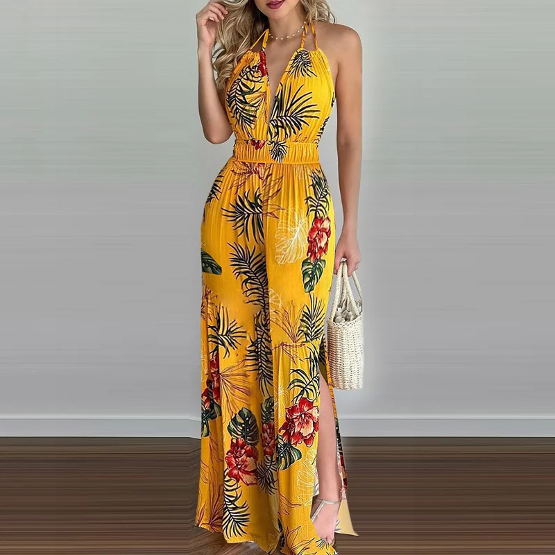 Women Vacation Bohemian Halter Neck Sleeveless All Over Print Loose Jumpsuits Back tie jumpsuit, Feminine, Trendy, Stylish Women Vacation Bohemian Halter Neck Sleeveless All Over Print Loose Jumpsuits Back tie jumpsuit, Feminine, Trendy, Stylish